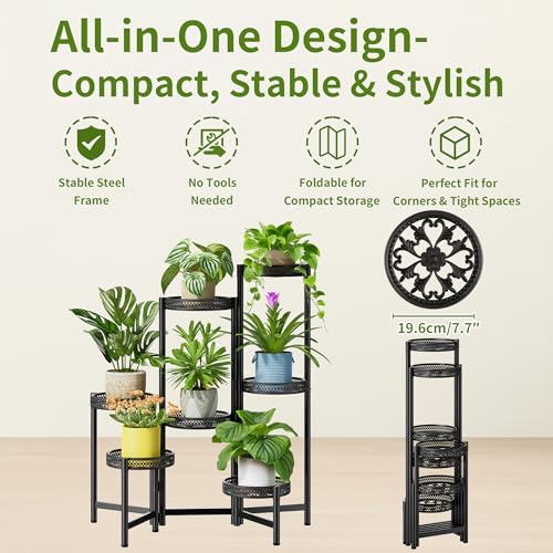 7 Tier Large Metal Plant Stand Indoor Outdoor with 7.9 Inch Wide Tray, Tiered Corner Plant Stand, Flower Display Holder Shelf, Folding Tall Rack for Patio Porch Balcony Living Room Garden - BlackWave - color: BlackWave, size: 7-tiers