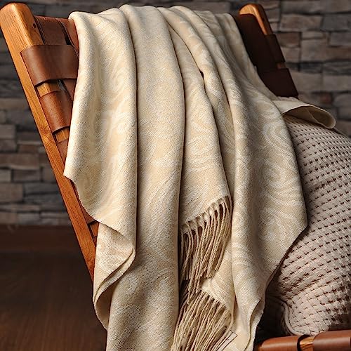 CUDDLE DREAMS Premium Cashmere Throw Blanket with Fringe, Luxuriously Soft (Paisley Beige) - color: Paisley Beige