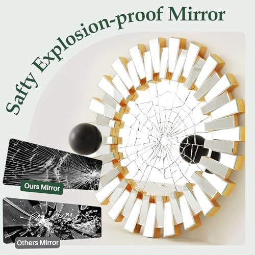 Round Decorative Mirror - 26" Sunburst Sun Mirrors for Wall Decor with Gold 3D Beveled Glass Frame, Modern Wall Art Accent for Living Room, Bedroom, Fireplace, Entryway, Dining Room - color: Sunburst-gold