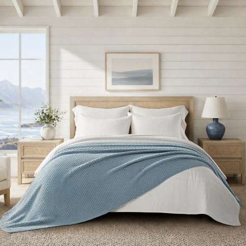 EVERGRACEHOME Chunky Polyester Knit Throw Blanket for Couch, Soft Luxurious Oversized King Moss Stitch Blanket for Bed, Large Cozy Farmhouse Knitted Throw for Sofa, Chambray Blue, 108" x 92" - color: Chambray Blue, size: 108" X 92"