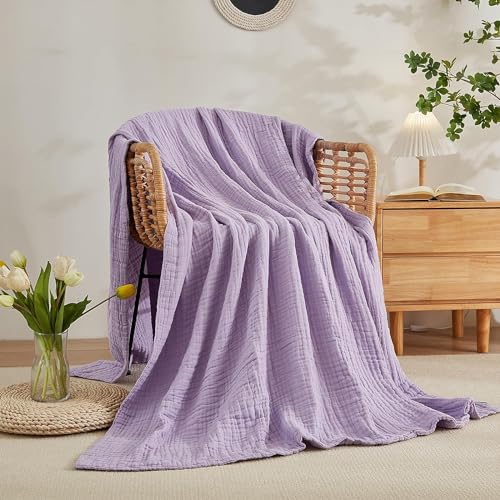 EMME Cotton Throw Blanket for Couch Soft Muslin Blankets 50"x60" Lightweight Breathable Blanket All Season Gauze Blanket, Lavender - color: 07 - Lavender, size: Throw (50" x 60")