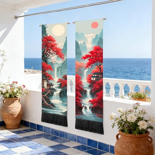 seewan 2 Pack Long Vertical Wall Tapestry, Boho Nature Landscape & Floral Aesthetic Wall Hanging for Bedroom Living Room Home Decor, Long Narrow Art Tapestry with Sunrise Mountain Botanical Designs, 13" × 51" (Crimson Forest Vista, 13"Wx51"H, Unframed) -