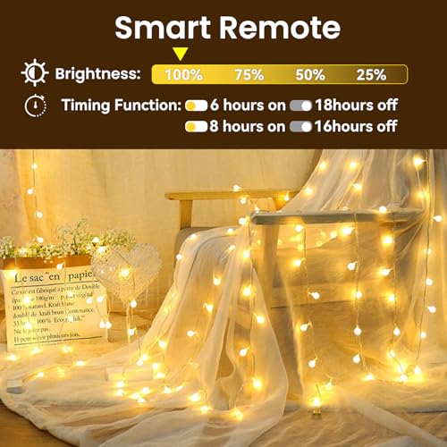 Dailyart Globe String Lights, 200Led 75FT Waterproof Fairy Lights Plug in 8 Modes with Remote Control, Brightness Adjustable &Timing String Lights Indoor Outdoor, Fairy Lights for Bedroom, Warm White - size: 75FT