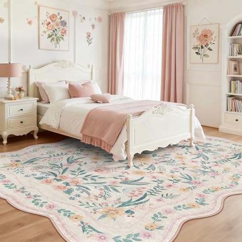8x10 Scalloped Rug for Living Room, Pink Floral Rug for Girls Bedroom,Washable Rugs Soft Low Pile Non Slip Rugs for Nursery College Bedroom Decor Kids Room Playroom - color: Pink Scalloped, size: 8' x 10' (Rectangular)