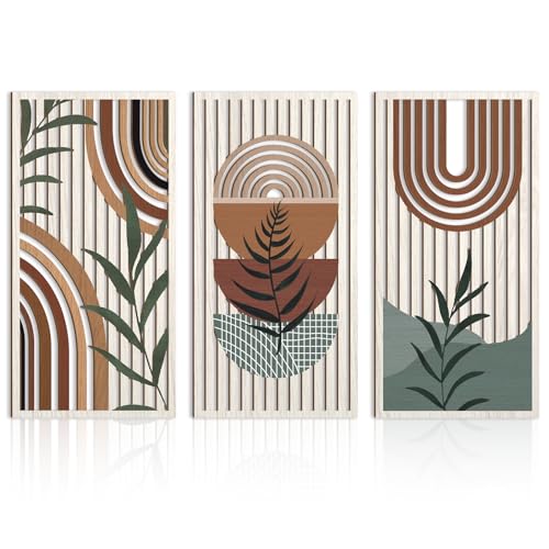 IARTTOP Large Boho Wood Wall Art 16x32 Inch Mid Century Modern Bohemian Wooden Wall Decor Brown Minimalist Geometric Plant Decor for Bedroom Living Room Dining room Set of 3 - color: Brown mid-modern century, size: 16 x 32 inches