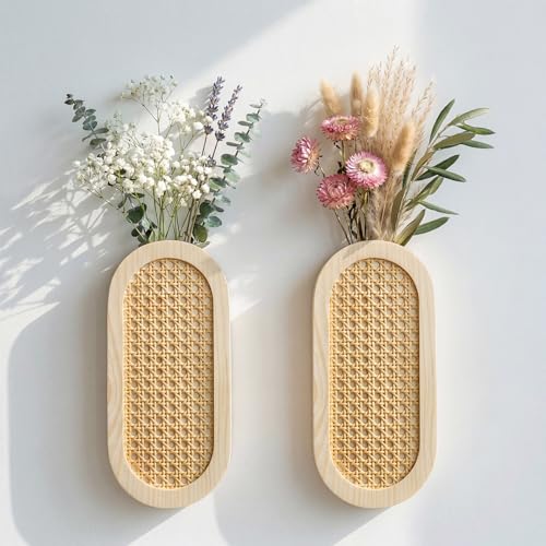 2 Pack Wooden Wall Vase Set, Modern Farmhouse Boho Hanging Planters for Dried Flowers Faux Plants, Wall Decor for Living Room, Bedroom, Bathroom, Entryway, Hallway with Mounting Hardware - color: Natural