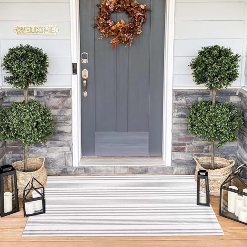Grey and White Outdoor Rug 24'' x 51''Striped Front Porch Rug Hand-Woven Machine Washable Layered Door Mats for Entryway/Bedroom/Outdoor - color: Grey Striped, size: 2' x 4'3" (Rectangular)