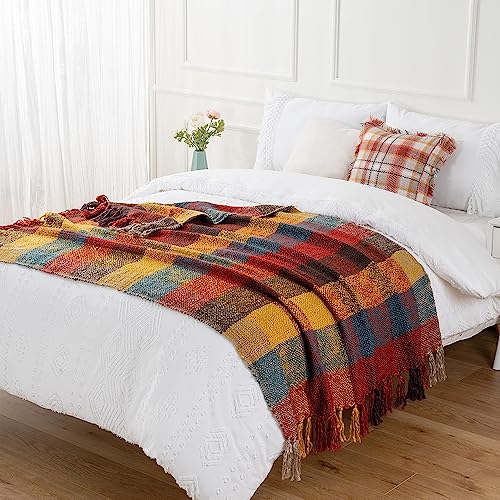 BATTILO HOME Fall Plaid Throw Blanket for Couch, Colorful Throw Blankets, Orange Checkered Throw Blanket for Chair Bed Sofa Rustic Home Decor Fall Decor, 50"x60" - color: Yellow&red