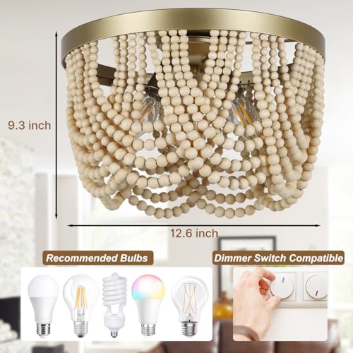 Bohemia Wood Beaded Chandelier, 3-Light Boho Light Fixture, 12.6inch Boho Chandelier Flush Mount Ceiling Light Fixtures for Dining Room, Bedroom, Living Room, Nursery, Girl Room, Hallway and Entryway - color: Natural-12.6INCH