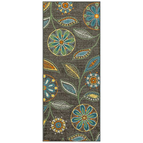 Maples Rugs Reggie Floral Runner Rug - Made in USA - Washable, Non Slip Indoor Carpet for Kitchen, Hallway, and Laundry Room, 2' x 5', Dark Grey - color: Dark Grey, size: 2' x 5' (Rectangular)