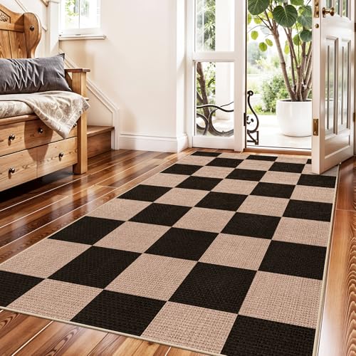 Checkered 3x5 No Shed Jute Rug: Machine Washable Non Slip Rugs for Entryway Front Porch Kitchen - Door Mat Area Rug Farmhouse Neutral Non Shedding - Carpet for Bedroom Living Room (Black,3x5) - color: Black, size: 3' x 5' (Rectangular)