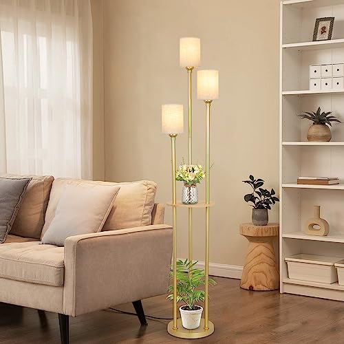 Floor Lamps for Living Room, 3-Lights Modern Floor Lamp with Shelves, Gold Standing Lamp with Fabric Shade and Foot Switch, Shelf Standing Lamps with Table, Tall Table Lamps for Bedroom Office - style: Gold-Fabric Shade