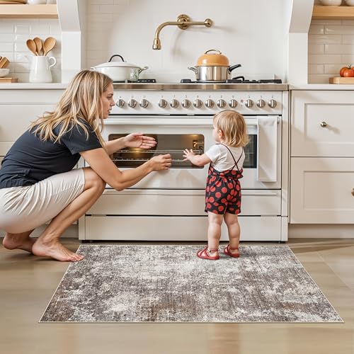 2x4 Washable Non-Slip Runner Rug – Small Throw Rug for Kitchen Floor, Bedroom, Entryway, Bathroom, Bedside – Modern Abstract Neutral Low-Pile Thin Indoor Door Mat (Brown Beige,2x4) - color: Brown Beige, size: 2' x 4' (Rectangular)