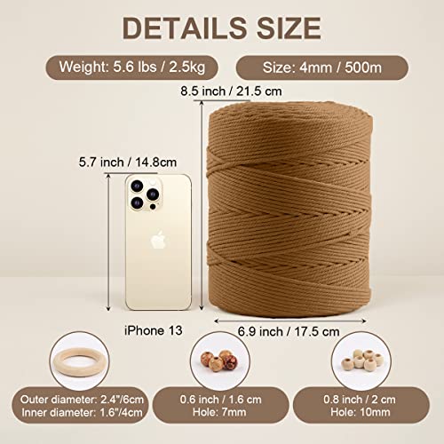 Macrame Cotton Cord 4mm x 547yds, ZUEXT Natural Handmade Caramel Braided Cords 4 Strands Knitted Rope String for Craft Wall Hanging Weaving Tapestry Dream Catchers Hanger DIY Gift (500m) - color: Caramel, style: 4mm x 500m