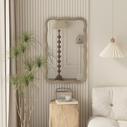 COZAYH Rustic Farmhouse Wall Mirror, 23.5” x 38” Rectangular Decorative Wall Mounted Mirror with Distressed Wood Frame & Curved Scallop Detail, Natural - color: Natural