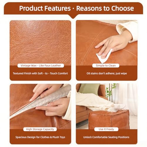 Pouf Ottoman - Unstuffed Handmade Faux PU Leather Moroccan Style, Eco-Friendly Pouf Cover with Storage Potential, Foot Rest for Living Room, Floor Chair Gifts for Men & Women (Vintage Orange)
