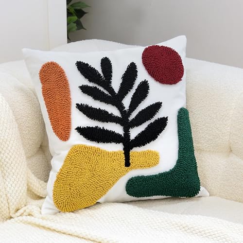 Boho Accent Pillow Covers 18x18- Tufted Abstract Modern Square Throw Pillow Covers, Farmhouse Decorative Pillowcase for Couch, Sofa, Bed, Living Room-Dark Green Khaki Red Geometric Black Leaf - color: Green Botanical Tufted