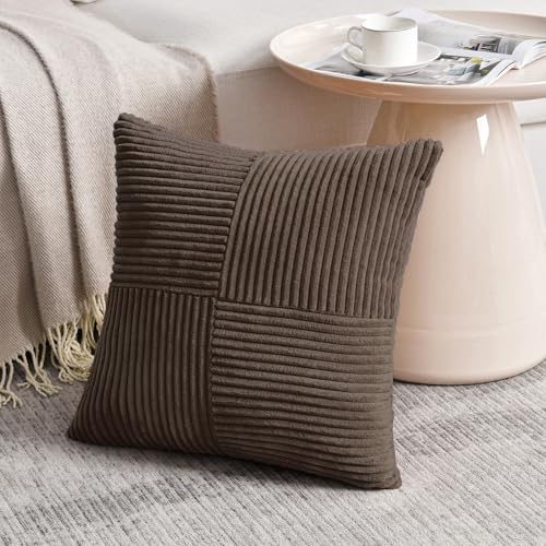 Fancy Homi 2 Packs Dark Brown Decorative Throw Pillow Covers 12x12 Inch with for Living Room Couch Bed, Rustic Farmhouse Boho Home Decor, Soft Corss Patchwork Corduroy Square Cushion Case 30x30 cm - color: Dark Brown, size: 12" x 12" (Pack of 2)