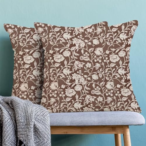 Floral Throw Pillow Covers 16x16 Set of 2, Flower Print Linen Decorative Pillow Covers Neutral Vintage Decoration Outdoor Cushion Cover Brown Floral Pillowcase for Sofa Couch Farmhouse Room - color: Print Brown, size: 16" x 16" (Pack of 2)