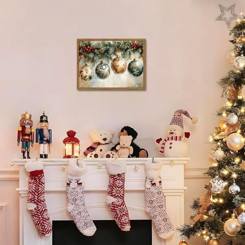 Framed Vintage Christmas Canvas Wall Art, Vintage Christmas Ornament Ball Wall Decor Paintings, Rustic Winter Holiday Pictures Prints for Living Room Bedroom Home Decoration 12x16 inch - color: Christmas-1, size: 16"L x 12"W