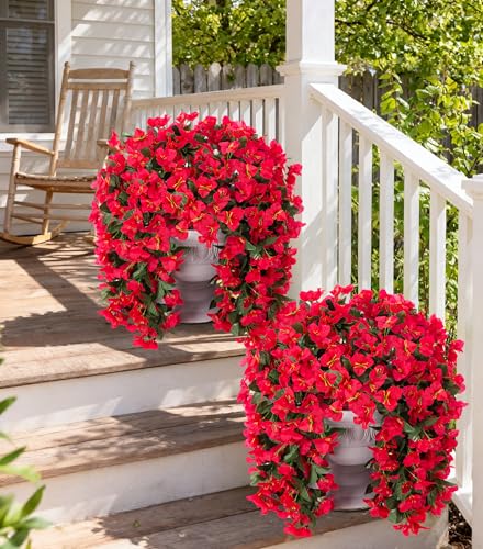 Faux Bougainvillea Artificial Flowers Plants for Outdoor Outside Decoration, 2 PCS Red Fake Flowers UV Resistant Look Real Silk Long Trailing Vines for Front Door Porch Planter Urn Patio Garden Yard - color: Red