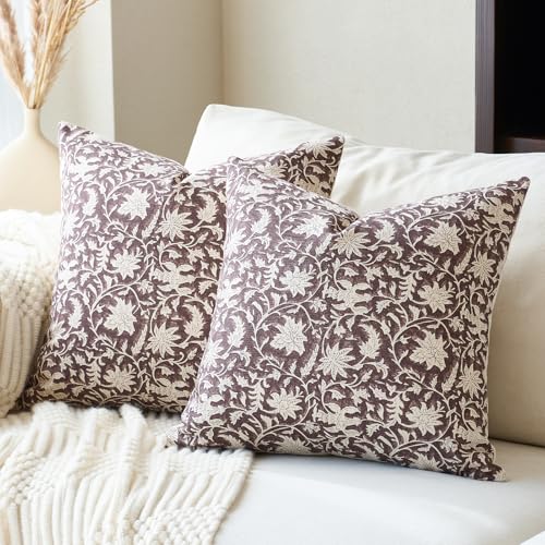 FIOUOVO Floral Throw Pillow Covers 18x18 Farmhouse Block Print Pillow Covers Decorative Pillow Covers Couch Pillows for Living Room Vintage Accent Sofa Pillows Set of 2, Burgundy - color: Burgundy, size: 18" x 18" (Pack of 2)