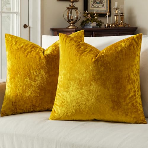 MIULEE Velvet Throw Pillow Covers Set of 2, Soft Neutral Decorative Pillow Cases with Luxurious Textured Vintage Cushion Covers for Home Decor Couch Sofa Bed,Golden Mustard Yellow18x18 inch - color: Golden, size: 18" x 18" (Pack of 2)