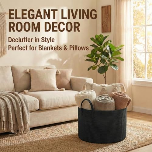 JMvicyroam 65L Extra Large Blanket Basket for Living Room - Woven Cotton Rope Laundry Hamper with Reinforced Handles - Storage Bin for Pillows, Comforters & Toys - Machine Washable,Black - color: Black, size: 65L