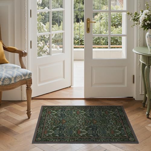 Bavni 2x4 Small Area Rug Machine Washable Non Slip, Vintage Floral Throw Rug, Low Pile Thin Lightweight Carpet for Entryway, Hallways, Kitchen and Bathroom, Dark Green - color: Dark Green, size: 2' x 4' (Rectangular)