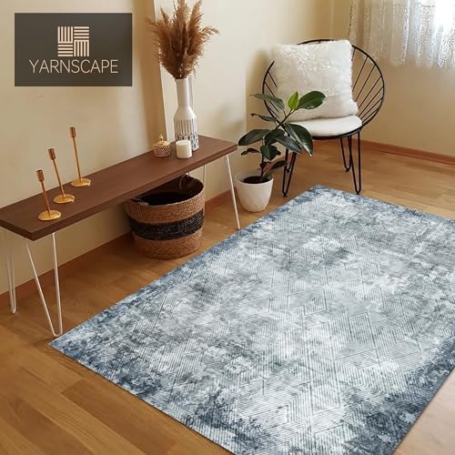 YARNSCAPE 3' x 5 ' Washable Area Rug - Low Pile Soft Vintage Indoor Rug for Living, Dining or Bedroom - Lightweight Carpet with Non-Slip Backing - Foldable for Easy Placement, Blue - color: Texture-blue, size: 3' x 5' (Rectangular)