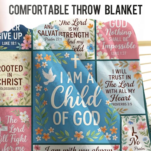 Levens Christian Throw Blanket 50x60 | Inspirational Scripture Faith Blanket, Soft Cozy Fleece Gift for Women, Mom, Encouragement, Religious Home Décor| Bible Verse I Am A Child of God - color: Blue, White,red, size: 50"x60"