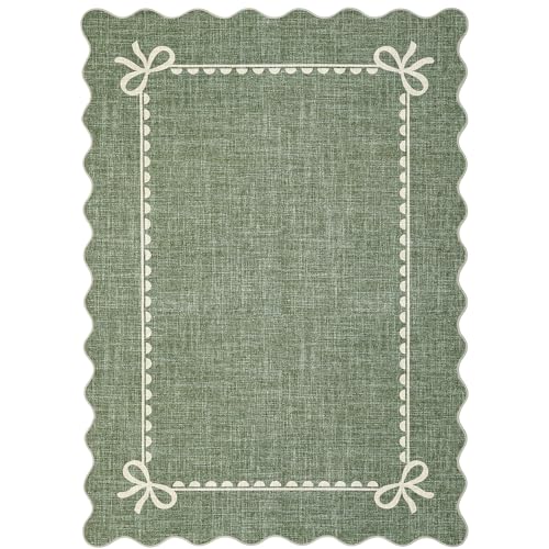 GarveeHome Scalloped Bow Rug for Living Room, Solid Green Rug for Dorm, Washable Rugs 4x6 Soft Low Pile Non Slip Scalloped Rugs for Nursery College Bedroom Decor Kids Room Playroom - color: Green, size: 4' x 6' (Rectangular)