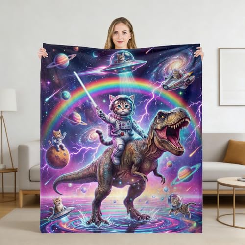 Neasow Funny Astronaut Cat Dinosaur Throw Blanket, Galaxy Space Rainbow Flannel Colorful Fun Blanket, Super Soft for Couch Dorm Sofa Room, Gifts for Kids Teens Boys, Purple 50×60 inch - color: Astronaut Cat Dinosaur, size: 60"L x 50"W