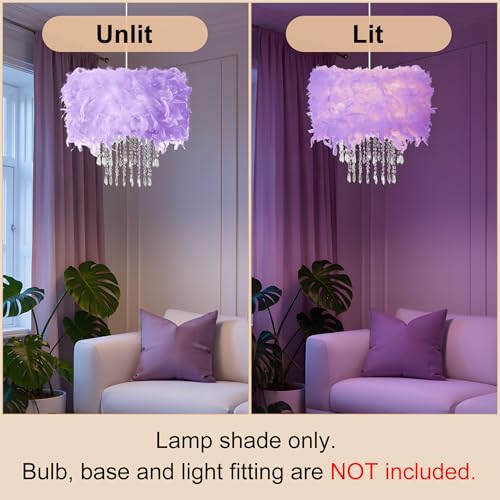 Feather Lamp Shade with Acrylic Beads Droplets, Fluffy Lampshade for Pendant, Table, Floor & Wall Lighting, Girl Bedroom Decor, ID 15.7inch, OD 19.7inch, Purple - color: Purple, size: 19.7 inches
