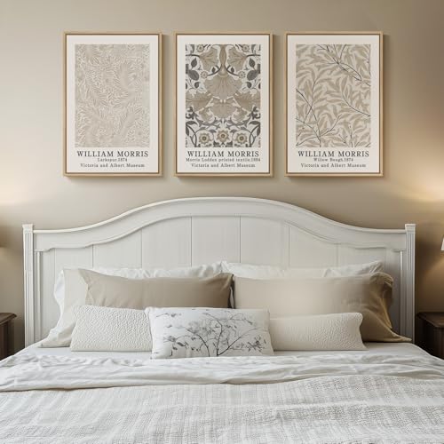 Framed Large William Morris Canvas Wall Art Set of 3, Vintage Neutral Botanical Floral Prints, Nature Artwork for Living Room, Bedroom, Hallway or Office Decor, 16x24 Inch - color: Vintage, size: 16"W x 24" H x 3Pcs