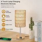Bedside Lamps Set of 2 with Bulb, Touch Control Nightstand Lamp for Bedroom with Rattan & Linen Shade, 3 Way Dimmable Small Boho Table Lamps with USB Charging Port & Phone Stand - color: Faux wood-2pack