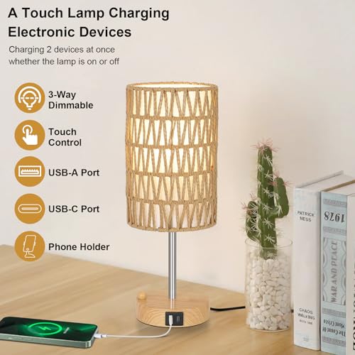 Bedside Lamps Set of 2 with Bulb, Touch Control Nightstand Lamp for Bedroom with Rattan & Linen Shade, 3 Way Dimmable Small Boho Table Lamps with USB Charging Port & Phone Stand - color: Faux wood-2pack