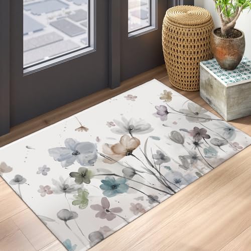 Watercolor Floral Area Rug 2x3 Spring Summer Grey Flowers Indoor Outdoor Non-Slip Low Pile Front Door Mat Small Entry Throw Carpet for Living Room Bedroom Holiday Decor - color: Grey Flowers