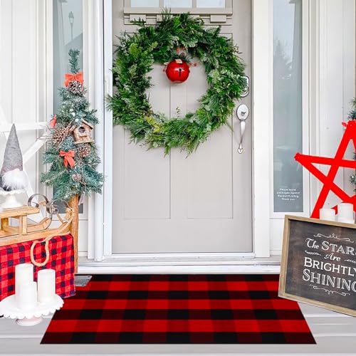 Ckorzen Red Green and White Plaid Rug, 28" x 43" Christmas Front Porch Outdoor Rug, Handwoven Cotton Washable Rug for Layered Door Mats, Holiday Entryway and Home Décor - color: Red & Black, size: 2'4" x 3'7" (Rectangular)
