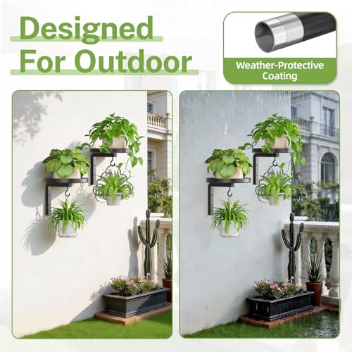 iDavosic.ly Wall Plant Holder Set of 2 for Outdoor with Drain Hole, Metal Hanger with 2 Hooks, Floating Flower Display Stand for Window, Space Saving & Easy to Assemble (Pots/Plants Not Included) - color: Black with Holes(Outdoor Use), size: 2 Pack