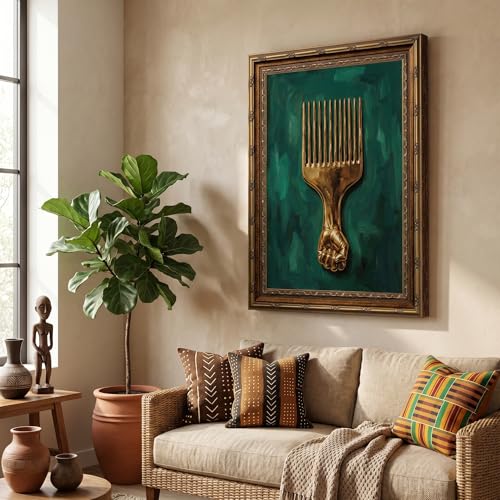 Vintage Gold Framed African American Black Power Wall Art Framed – Gold Afro Pick Melanin Afrocentric Painting Picture PrintPoster Wall Decor for Living Room Bedroom, 12x16 Inches - color: Afro Pick With Fist Handle, size: 12"L x 16"W