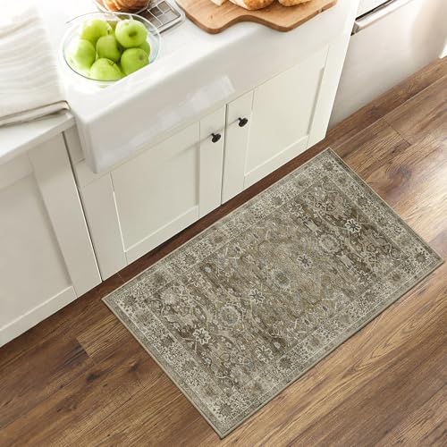 2x3 Entryway Rug Brown Grey Washable Vintage Rugs for Entryway Kitchen Low Pile Non-Slip Door Mat Traditional Distressed Small Throw Carpet for Kitchen Entrance Bathroom Antique/Moss - color: Brown Grey, size: 2'*3'(Rectangular)