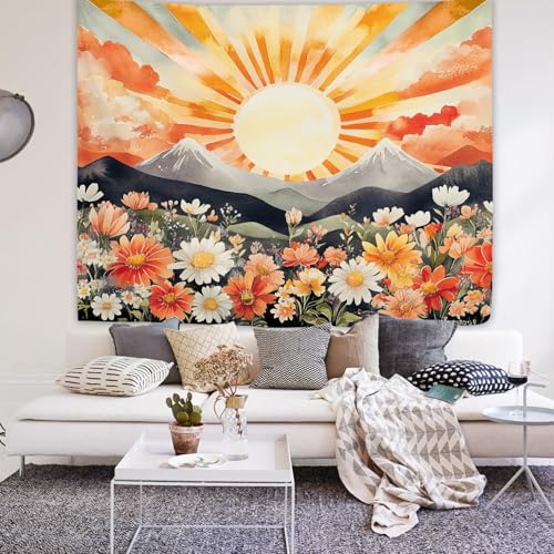 Yookeb Abstract Sun Flower Mountain Tapestry 59W by 51H Inch Wall Hanging Sunrise Sunset Watercolor Wildflower Landscape Bedroom Living Room Dorm Polyester Fabric Home Decor - color: Orange Blush Sun, size: 59"L x 51"W
