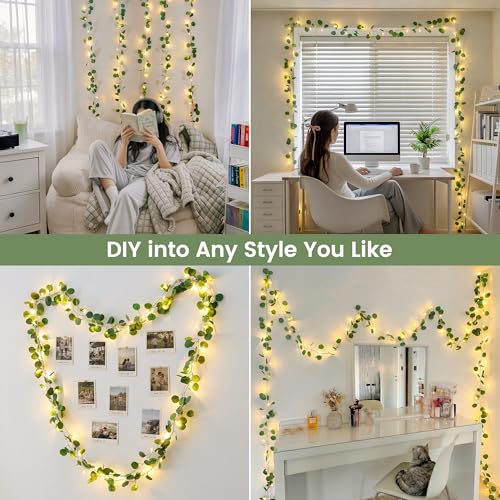 HEYFUNi 23FT Eucalyptus Garland with String Lights, Plug in | 73 LEDs, plug-in power, memory, 8 modes, greenery leaf vine lights for bedroom, wall, wedding, party, summer dorm decor - color: Eucalyptus, size: 73 LED-Plug in