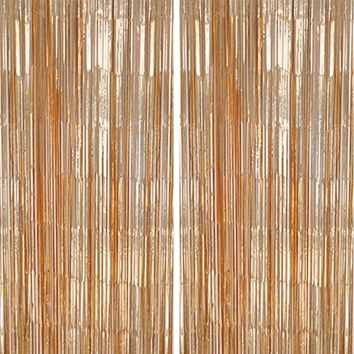 DECOCKRAT 2 Pack Foil Fringe Backdrop - Laser Champagne Shiny Tinsel Curtains for Party Decoration/Photo Booth Props - 3.3x6.6 FT Metallic Foil Backdrop for Birthday, Wedding, Graduation, Christmas. - color: Laser Champagne