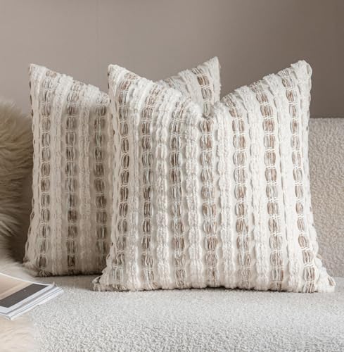 Caflife Boho Throw Pillow Covers 22x2 Inch Set of 2, Farmhouse Beige Striped Textured Chenille Decorative Couch Pillow Cases, Modern Rustic Accent Cushion Covers for Sofa Bed Living Room Bedroom - color: Beige, size: 22" x 22" (Pack of 2)