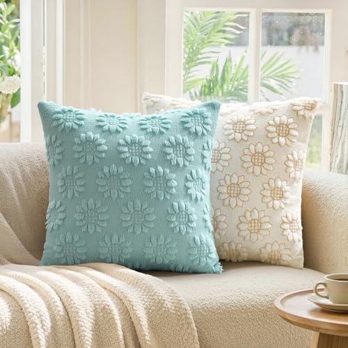EMEMA Blue Floral Tufted Throw Pillow Covers, Set of 2 Soft Textured Decorative 18x18 Cushion Cases Bringing a Light, Cozy Layer to Sofa, Couch, Bedroom or Modern Farmhouse Living Room Décor - color: Blue-little Flower, size: 18" x 18" (Pack of 2)