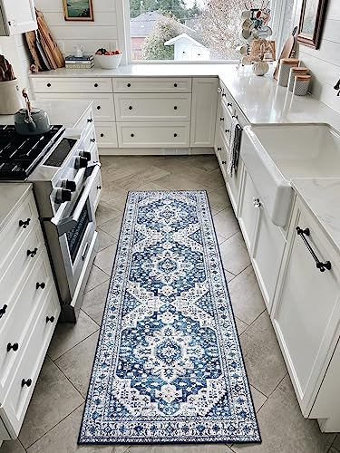 Moynesa Ultra-Thin Washable Runner Rug - 2x6 Blue Laundry Room Rug Washable Kitchen Runners Bathroom Carpet Runner, Oriental Printed Pet Friendly Hallway Runners for Bedroom Entrance Entryway RV - color: Blue, size: 2' x 6'