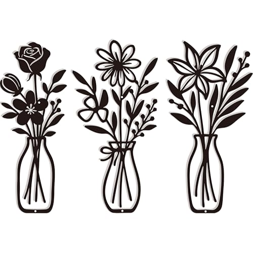 CarryWise 3 Piece Metal Flower Wall Art for Bedroom Living Room Rustic Farmhouse Floral Wall Decor for Bathroom Dining Room Boho Home Decorations Modern Minimalism Walls Hanging Sculptures(Black) - color: Black & Vase Flower