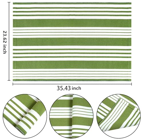 Green and White Striped Outdoor Rug 24'' x 35'' Door Mat Outdoor Machine Washable Welcome Mats Cotton Hand-Woven Entryway Rug for Front Porch/Entryway/Laundry/Bathroom/Bedroom - color: Green, size: 2' x 3' (Rectangular)